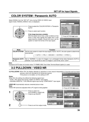 Page 3939
3:2 PULLDOWN / VIDEO NR COLOR SYSTEM / Panasonic AUTO
Select SIGNAL from the “SET UP” menu during VIDEO (S VIDEO) input
signal mode.(“SIGNAL [VIDEO]” menu is displayed.)
SET UP for Input Signals
Press to select the “COLOR SYSTEM” or “Panasonic 
AUTO”.
Press to select each function.
If the image becomes unstable:
With the system set on Auto, under conditions of low 
level or noisy input signals the image may in rare 
cases become unstable. Should this occur, set the 
system to match the format of the...