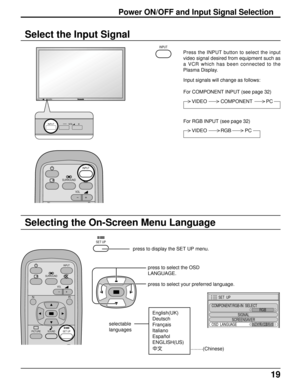 Page 1919
Select the Input Signal
R - STANDBY
G   POWER ONINPUT—   VOL      +
—  VOL      +INPUT
Press the INPUT button to select the input
video signal desired from equipment such as
a VCR which has been connected to the
Plasma Display.
SURROUND
VOL
NR
INPUT
INPUT
Power ON/OFF and Input Signal Selection
Input signals will change as follows:
For COMPONENT INPUT (see page 32)
For RGB INPUT (see page 32)
VIDEO          COMPONENT          PC
VIDEO          RGB          PC
Selecting the On-Screen Menu Language
SET...