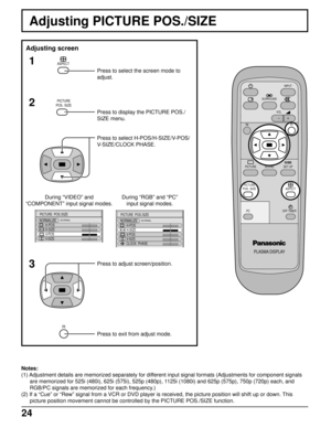 Page 2424
Adjusting PICTURE POS./SIZE
PLASMA DISPLAY
SURROUND
VOL
N
PICTURE
SOUNDSET UP
OFF TIMER
PC
INPUT
ASPECTPICTURE
POS. /SIZE
R
Adjusting screen
ASPECT1
2
3
Press to select the screen mode to
adjust.
PICTURE
POS. /SIZE
Press to display the PICTURE POS./
SIZE menu.
NORMALPICTURE  POS./SIZE
NORMALIZE
H-POS
H-SIZE
V-POS
V-SIZE
Press to adjust screen/position.
Notes:
(1) Adjustment details are memorized separately for different input signal formats (Adjustments for component signals
are memorized for 525i...