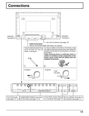 Page 1111
PR/CR/RPB/CB/B Y/G
COMPONENT/RGB INAV  IN
VDHD
S VIDEO VIDEO RLAUDIORLAUDIOAUDIO
SERIAL
12
PC    IN
Connections
SPEAKER
Terminals (R)
– Cable fixing bands
Secure any excess cables with bands, as required.
SPEAKER
Terminals (L)
From SERIAL Terminal on
Computer (see page 17)From EXIT monitor Terminal
on Computer (see page 15)COMPONENT/RGB IN and Audio
IN Terminals (see page 13,14)AV IN Terminals
(see page 12, 13)Pass the attached cable fixing
band through the clip as
shown in the figure.
To tighten:...