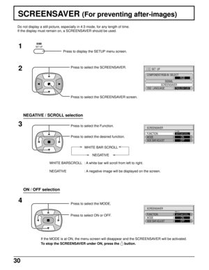 Page 3030
SCREENSAVER (For preventing after-images)
2
3 1
4
SET  UP
SIGNAL
SCREENSAVER
COMPONENT/RGB-IN  SELECT
RGB
OSD  LANGUAGE
ENGLISH (
US)
SCREENSAVER
FUNCTION
MODEWHITE BAR SCROLLONSIDE BAR ADJUSTOFF
SCREENSAVER
FUNCTION
MODEWHITE BAR SCROLLONSIDE BAR ADJUSTOFF
Press to display the SETUP menu screen.
SET UP
Press to select the SCREENSAVER.
Press to select the SCREENSAVER screen.
Press to select the Function.
Press to select the desired function.
NEGATIVE WHITE BAR SCROLL
WHITE BARSCROLL : A white bar will...