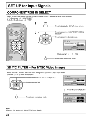 Page 3232
SET UP for Input Signals
COMPONENT/RGB IN SELECT
Select to match the signals from the source connected to the COMPONENT/RGB input terminals.
Y,  P
B, PR signals    
“COMPONENT”
R, G, B, HD, VD signals  
  
“RGB”
INPUT
SURROUND
VOL
NR
PICTURE
SOUNDSET UP
ASPECT PICTURE
POS. /SIZE
SET UP1
2
Press to display the SET UP menu screen.
Press to select the “COMPONENT/RGB IN
SELECT”.
Press to select the desired mode.
COMPONENT                    RGB
R
Press to exit from adjust mode.
3D Y/C FILTER – For NTSC...