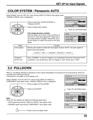 Page 3333
SET UP for Input Signals
COLOR SYSTEM / Panasonic AUTO
Select SIGNAL from the “SET UP” menu during VIDEO (S VIDEO) input signal mode.
(“SIGNAL [VIDEO]” menu is displayed.)
Press to select the “COLOR SYSTEM” or
“Panasonic AUTO”.
Press to select each function.
3D  Y/C  FILTER  (
NTSC)
COLOR  SYSTEM
Panasonic  AUTO  (
4:3)ON
AUTO
NORMAL
3:2 PULLDOWNOFF
SIGNAL[ 
 VIDEO  ]
Press  
(ACTION) button
SET  UP
SIGNAL
SCREENSAVER
COMPONENT/RGB-IN  SELECT
RGB
OSD  LANGUAGE
ENGLISH (
US)
If the image becomes...