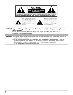 Page 22
WARNING: 1) To prevent electric shock, do not remove cover. No user serviceable parts inside. Refer servicing to
qualified service personnel.
2) Do not remove the grounding pin on the power plug. This apparatus is equipped with a three pin
grounding-type power plug. This plug will only fit a grounding-type power outlet. This is a safety
feature. If you are unable to insert the plug into the outlet, contact an electrician.
Do not defeat the purpose of the grounding plug.
The lightning flash with...