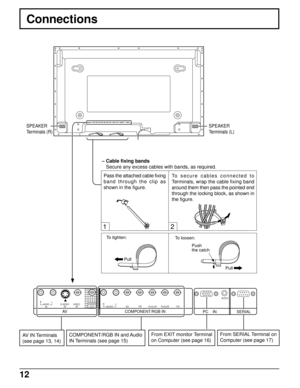 Page 1212
PR/CR/RPB/CB/B Y/G
COMPONENT/RGB INAV
VDHDRLS VIDEO
INVIDEO
INAUDIO
INRLAUDIOAUDIOVIDEO
OUT
To tighten:
To loosen:
Push
the catch
Pull
Pull
1
PC    IN SERIAL
2
Connections
SPEAKER
Terminals (R)
– Cable fixing bands
Secure any excess cables with bands, as required.
SPEAKER
Terminals (L)
From EXIT monitor Terminal
on Computer (see page 16) Pass the attached cable fixing
band through the clip as
shown in the figure.To secure cables connected to
Terminals, wrap the cable fixing band
around them then pass...