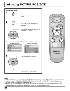 Page 2424
Adjusting PICTURE POS./SIZE
PLASMA DISPLAY
SURROUND
VOL
N
PICTURE
SOUNDSET UP
OFF TIMER
PC
INPUT
ASPECTPICTURE
POS. /SIZE
R
Adjusting screen
ASPECT1
2
3
Press to select the screen mode to
adjust.
PICTURE
POS. /SIZE
Press to display the PICTURE POS./
SIZE menu.
NORMAL
PICTURE  POS./SIZE
NORMALIZE
H-POS
H-SIZE
V-POS
V-SIZE
NORMAL
PICTURE  POS./SIZE
NORMALIZE
H-POS
H-SIZE
V-POS
V-SIZE
CLOCK  PHASE
Press to adjust screen/position.
Notes:
(1) Adjustment details are memorized separately for different input...