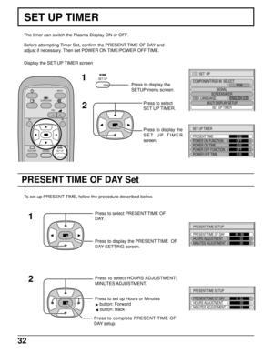 Page 3232
SET UP TIMER
The timer can switch the Plasma Display ON or OFF.
Before attempting Timer Set, confirm the PRESENT TIME OF DAY and
adjust if necessary. Then set POWER ON TIME/POWER OFF TIME.
Display the SET UP TIMER screen
To set up PRESENT TIME, follow the procedure described below.
Press to set up Hours or Minutes
 button: Forward
 button: Back
SET UP
SURROUND
VOL
NR
PICTURE
INPUT
SOUNDSET UP
PRESENT TIME SETUP
PRESENT TIME OF DAY
HOURS ADJUSTMENT99 : 99
     00
MINUTES ADJUSTMENT     00
Press to...