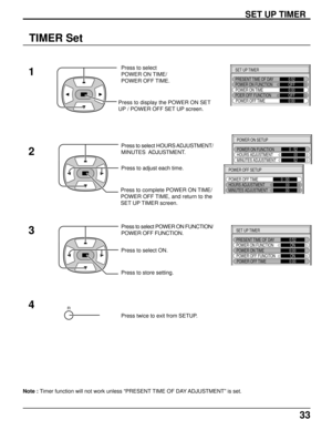 Page 3333
TIMER Set
Press to display the POWER ON SET
UP / POWER OFF SET UP screen.Press to select
POWER ON TIME/
POWER OFF TIME.
1
Press to select HOURS ADJUSTMENT/
MINUTES  ADJUSTMENT.
Press to adjust each time.
2
Press to select POWER ON FUNCTION/
POWER OFF FUNCTION.
Press to select ON.
4 3
Press twice to exit from SETUP.
R
SET UP TIMER
POWER ON SETUP
POWER ON FUNCTION
HOURS ADJUSTMENT0 : 52
     00
MINUTES ADJUSTMENT     52
SET UP TIMER
PRESENT TIME OF DAY
POWER ON FUNCTION0:52
OFF
POWER ON TIMEPOER OFF...