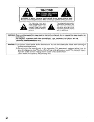 Page 22
WARNING: To reduce the risk of electric shock, do not remove cover or back.
No user-serviceable parts inside. Refer servicing to qualified service personnel.
The lightning flash with
arrow-head within a triangle
is intended to tell the user
that parts inside the product
are a risk of electric shock to
persons.The exclamation point within
a triangle is intended to tell
the user that important
operating and servicing
instructions are in the papers
with the appliance.
WARNING
RISK OF ELECTRIC SHOCK
DO NOT...