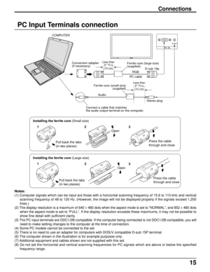 Page 1515
Connections
PC Input Terminals connection
Notes:
(1) Computer signals which can be input are those with a horizontal scanning frequency of 15.6 to 110 kHz and vertical
scanning frequency of 48 to 120 Hz. (However, the image will not be displayed properly if the signals exceed 1,200
lines.)
(2) The display resolution is a maximum of 640 × 480 dots when the aspect mode is set to “NORMAL”, and 852 × 480 dots
when the aspect mode is set to “FULL”. If the display resolution exceeds these maximums, it may...