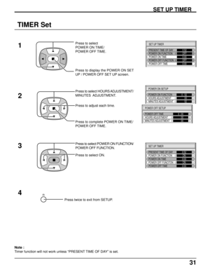 Page 3131
TIMER Set
Press to display the POWER ON SET
UP / POWER OFF SET UP screen. Press to select
POWER ON TIME/
POWER OFF TIME.
1
Press to select HOURS ADJUSTMENT/
MINUTES  ADJUSTMENT.
Press to adjust each time.
2
Press to select POWER ON FUNCTION/
POWER OFF FUNCTION.
Press to select ON.
4 3
Press twice to exit from SETUP.
R
SET UP TIMER
POWER ON SETUP
POWER ON FUNCTION
HOURS ADJUSTMENT0 : 52
     00
MINUTES ADJUSTMENT     52
SET UP TIMER
PRESENT TIME OF DAY
POWER ON FUNCTION0:52
OFF
POWER ON TIMEPOWER OFF...