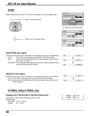 Page 3838
Select SIGNAL from the “SET UP” menu during RGB or PC input signal mode.
Press to select each item.
SET  UP
SIGNAL
SCREENSAVER
COMPONENT/RGB-IN  SELECT
RGB
OSD  LANGUAGEENGLISH (
US)
MULTI DISPLAY SETUP
SET UP TIMER
SIGNAL[
  RGB  ]
SYNC
H
-FREQ.                 kHz
V
-FREQ.                  HzH & V
31.5
60.0
SYNC
SYNCH & V
SYNCON  VIDEO
SYNCON  G
Setting RGB sync signal
Confirm that the input is set to RGB INPUT (this setting is valid only for RGB INPUT).
H & V:The H and V sync signals are input from...