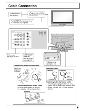 Page 1111
1
2
12
S-VIDEOPC 
VIDEO
INPUT 3L  AUDIO  R
HPJPC CARD
EJECT SD CARD
PUSH-EJECTACTION INPUT VOLUME CHANNELS-VIDEOPC 
VIDEO
INPUT 3L  AUDIO  R
PROG OUTCOMPONENT VIDEO INPUT
S VIDEO
VIDEOY
P
B
L
R
ANT 1 ANT 2SPLIT
OUT
PR
1212INPUT
TO AUDIO
AMPVIDEO
— Fastening of power and other cables
Fastening band
Fastening method of power cable
Fastening Loosening
Clamper
Ferrite core 
(large size) 
(supplied)
Pull off.
Keep 
the knob 
pressed.
1. Insert the power plug into the main body.
2. Fasten with the power...