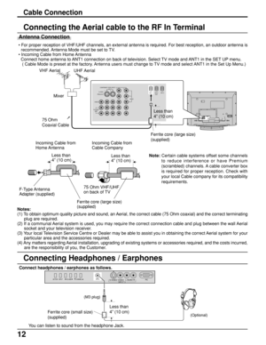 Page 1212
PROG OUTCOMPONENT VIDEO INPUT
S VIDEO
VIDEOY
P
B
L
RP
R
1212INPUT
VIDEO
TO AUDIO
AMP
ANT 1 ANT 2SPLIT
OUT
Notes:
(1) To obtain optimum quality picture and sound, an Aerial, the correct cable (75 Ohm coaxial) and the correct terminating
plug are required.
(2) If a communal Aerial system is used, you may require the correct connection cable and plug between the wall Aerial
socket and your television receiver.
(3) Your local Television Service Centre or Dealer may be able to assist you in obtaining the...