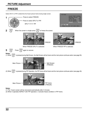 Page 3232
FREEZE
ACTIONCH
CH VOL VOL
Press to select FREEZE.
Press to select SPLIT or PIP.
SPLIT PIP
1
Select SPLIT or PIP to determine the frozen picture frame during single screen.
FREEZE
FREEZETV/VCR
FREEZE
2When the screen is single press FREEZETV/VCR to freeze the screen.
When FREEZE SPLIT is selected. When FREEZE PIP is selected.
3
FREEZETV/VCRPress FREEZETV/VCR again to recover.
Notes:
(1) 
When FREEZETV/VCR  is pressed during Split Screen, the Split Screen will be frozen and the main picture continues...