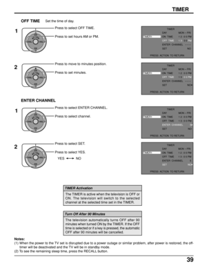 Page 3939
TIMER
Press to select OFF TIME.
Press to set hours AM or PM.
Press to move to minutes position.
Press to set minutes.
OFF TIMESet the time of day.
1
2
ACTIONCH
CH VOL VOL
ACTIONCH
CH VOL VOL
ACTIONCH
CH VOL VOL
ACTIONCH
CH VOL VOL
ENTER CHANNEL
1
2
NO YES
Press to select ENTER CHANNEL.
Press to select channel.
Press to select SET.
Press to select YES.
Notes:
(1) When the power to the TV set is disrupted due to a power outage or similar problem, after power is restored, the off-
timer will be...