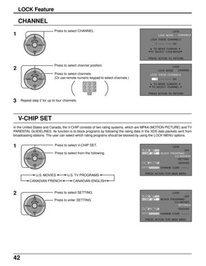 Page 4242
CHANNEL
ACTIONCH
CH VOL VOL
ACTIONCH
CH VOL VOL
Press to select CHANNEL.
2 1
Press to select channel position.
Press to select channels.
(Or use remote numeric keypad to select channels.)
3Repeat step 2 for up to four channels.
123
456
78
09
LOCK  THESE  CHANNELS
 1                       124
PRESS  ACTION  TO  RETURNLOCK  MODE
TO  MOVE  CURSOR
TO  SELECT  LOCK MODE
LOCK
CHANNEL
LOCK  THESE  CHANNELS
 1                       124
PRESS  ACTION  TO  RETURNLOCK  MODE
TO  MOVE  CURSOR
TO  SELECT  CHANNEL...