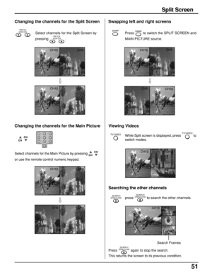 Page 5151
Split Screen
Changing the channels for the Split Screen Swapping left and right screens
Changing the channels for the Main Picture
Select channels for the Main Picture by pressing CHCH
or use the remote control numeric keypad.
Viewing Videos
While Split screen is displayed, press TV/VIDEO to
switch modes. Select channels for the Split Screen by
pressing 
PIP CH
VCR CH .Press 
SWAP to switch the SPLIT SCREEN and
MAIN PICTURE source.SWAP
CH10
CH10
CHCH
123
456
78
09
CH10
CH5
CH10
CH5CH5
CH10
TV/VIDEO...