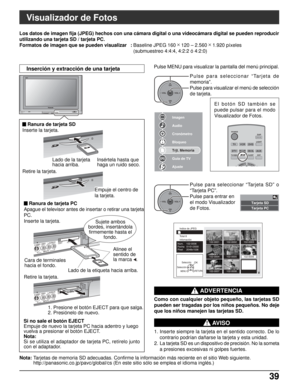 Page 10339 39
OKCH
VOL
CHVOL+-
Imagen
Audio
Cronómetro
Bloqueo
Trjt. Memoria
Guía de TV
Ajuste
TVVCRDVD
DTVRCVRDBS/CBL
LIGHT
TV/VIDEOSLEEPEXIT
SAP
AUX
ASPECTFAVORITE
POWER
Indice de JPEG
Infomación Total 8
Num.    102-0006
Fecha   01/01/2000
Pixel     2048x1536
Selección
SelecciónOK
MENURETURN
102-0002102-0003
102-0004102-0005102-0006
102-0007102-0008
102-0001
OKCH
VOL
CHVOL+-
Visualizador de Fotos
Los datos de imagen fija (JPEG) hechos con una cámara digital o una videocámara digital se pueden reproducir...