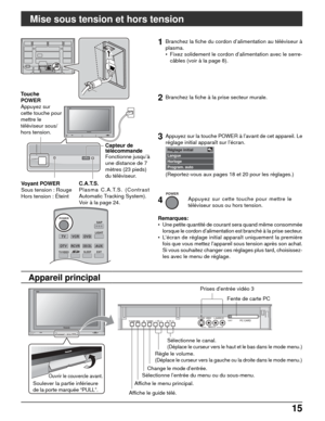 Page 14215 15
TVVCRDVD
DTVRCVRDBS/CBL
LIGHT
TV/VIDEOSLEEPEXIT
SAP
AUX
ASPECT
MUTERECALL
FAVORITE
POWER
CH
VOL
CH
VOL+-OK
Y
PBPRY
PBPRCOMPONENT VIDEO
 INPUT INPUT 1  INPUT 2 OUTPUTS VIDEO12LRVIDEO
AUDIO INAV  I N
R           L
AUDIO IN
POWER
POWER
Mise sous tension et hors tension
Branchez la fiche du cordon d’alimentation au téléviseur à
plasma.
• Fixez solidement le cordon d’alimentation avec le serre-
câbles (voir à la page 8).
Capteur de
télécommande
Fonctionne jusqu’à
une distance de 7
mètres (23 pieds)
du...