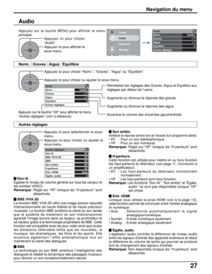 Page 15427
OKCH
VOL
CHVOL+-
Valider
+ 7
+ 7
0 Audio
Norm.
Graves
Aigus
Équilibre
Autres réglages
EF
EF
EF
HF
EF
Auto
0 Autres réglages
Son IA
BBE VIVA 3D
BBE
Son ambio
H-parleurs
Entr. HDMI
Égalis. audio
Image
Audio
Minuterie
Blocage
Carte mémoire
OKCH
VOL
CHVOL+-
OKCH
VOL
CHVOL+-
Valider
+ 7
+ 7
0 Audio
Norm.
Graves
Aigus
Équilibre
Autres réglages
Navigation du menu
Audio
Appuyez ici pour choisir “Norm.”, “Graves”, “Aigus” ou “Équilibre”.
Appuyez ici pour choisir ou ajuster le sous-menu.
Appuyez ici pour...