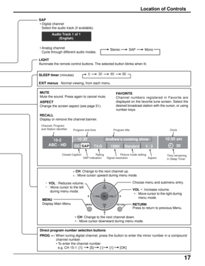 Page 1717
SAP
 • Digital channel
Select the audio track (if available).
 • Analog channel
Cycle through different audio modes.
LIGHT
Illuminate the remote control buttons. The selected button blinks when lit.
RECALL
Display or remove the channel banner.
ASPECT
Change the screen aspect (see page 51). MUTE
Mute the sound. Press again to cancel mute.FAVORITE
Channel numbers registered in Favorite are
displayed on the favorite tune screen. Select the
desired broadcast station with the cursor, or using
number keys....