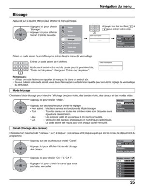 Page 16235
Blocage
Mode
Canal
Émission
Modifier mot de passe
Non activé
Image
Audio
Minuterie
Blocage
Carte mémoire
Guide télé
Réglage
Blocage
Mode
Canal
Émission
Modifier mot de passe
Non activé
Blocage
Mode
Canal
Émission
Modifier mot de passe
Non activé
Bloquer canaux
CA 1
CA 2
CA 3
CA 4
CA 5
CA 6
CA 73 - 0
Entrermot de passe.
----
1234567809
OKCH
VOL
CHVOL+-
OKCH
VOL
CHVOL+-
OKCH
VOL
CHVOL+-
OKCH
VOL
CHVOL+-
Créer mot de passe.
----123
456
78
0
9
Appuyez ici pour choisir “Mode”.
Appuyez sur ces touches pour...
