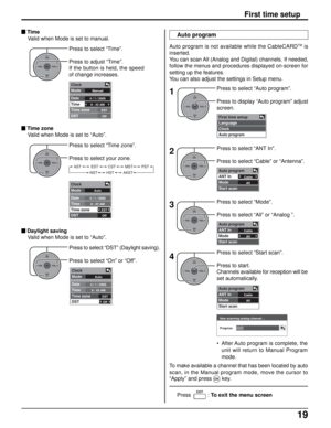 Page 1919
Auto program is not available while the CableCARDTMis
inserted.
You can scan All (Analog and Digital) channels. If needed,
follow the menus and procedures displayed on-screen for
setting up the features.
You can also adjust the settings in Setup menu. Press to select “Time”.
Press to adjust “Time”.
If the button is held, the speed
of change increases.
Press to select “Time zone”.
Press to select your zone.
Press to select “DST” (Daylight saving).
Press to select “On” or “Off”.
 Time
Valid when Mode is...