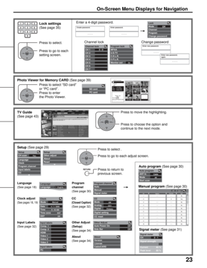 Page 2323
Enter new password.
----Channel lock
CH 1
CH 2
CH 3
CH 4
CH 5
CH 6
CH 73- 0
Clock
Mode
Date
Time
Time zone
DSTManual
4 / 1 / 2005
9 : 43 AM
EST
Off
Fav.
Setup
CH scan
Language
Clock
Program channel
Input labels
CCSetup
Other adjust
About
Reset
CC
Mode
Analog
Digital
Digital setting
CC reset
Off
CC1
Primary
Other Adjust
Auto Power On
Side BarOff
Off
Program channel
Auto
Manual
Signal meter
Edit
CH
1
2
3
4
5
6
7
8
9
10- - -
- - -
- - -
- - -
- - -
- - -
- - -
- - -
- - -- - -
2
- - -
- - -
- - -
- - -...