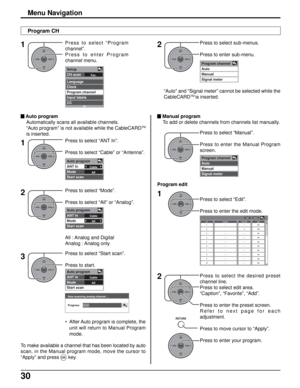 Page 3030
OKCH
VOL
CHVOL+-
OKCH
VOL
CHVOL+-
OKCH
VOL
CHVOL+-
OKCH
VOL
CHVOL+-
RETURN
OKCH
VOL
CHVOL+-
Press to select “Manual”.
Press to enter the Manual Program
screen.
Press to select “Edit”.
Press to enter the edit mode.
Press to select the desired preset
channel line.
Press to select edit area.
“Caption”, “Favorite”, “Add”.
Press to enter the preset screen.
Refer to next page for each
adjustment.
Press to move cursor to “Apply”.
Press to enter your program.
2 1
Program edit
Menu Navigation
Program CH
Press...