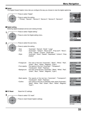 Page 3333
Menu Navigation
OKCH
VOL
CHVOL+-
OKCH
VOL
CHVOL+-
OKCH
VOL
CHVOL+-
OKCH
VOL
CHVOL+-
Press to select “Digital”.
Press to select the setting.
• “Primary”, “Second.”, “Service 3”, “Service 4”, “Service 5”, “Service 6”
• Size : “Automatic”, “Normal”, “Small”, “Large”
• Font : “Automatic”, “Default”, “Mono-serif”, “Prop-serif”, “Mono”,
“Prop”, “Casual”, “Cursive”, “Small caps”
• Style : “Automatic”, “None”, “Raised”, “Depressed”, “Uniform”, “Drop
shadow”
• Foreground : The color of the font (“Automatic”,...