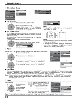 Page 3434
OKCH
VOL
CHVOL+-
Off Other Adjust
Auto Power On
Side Bar
4:3
 Screen
Display
OKCH
VOL
CHVOL+-
Other Adjust
Auto Power On
Side Bar
Off
OffFav.
Setup
CH scan
Language
Clock
Program channel
Input labels
CCSetup
Other adjust
About
Reset
OKCH
VOL
CHVOL+-
Off
Bright Other Adjust
Auto Power On
Side Bar
Fav.
Setup
CH scan
Language
Clock
Program channel
Input labels
CCSetup
Other adjust
About
Reset
off About
Version
License
CableCARD
OKCH
VOL
CHVOL+-
Fav.
Setup
CH scan
Language
Clock
Program channel
Input...