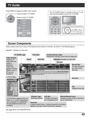 Page 4343 43
SCHEDULE LISTINGS SEARCH SETUPSETUP
Guide screens have all or many of the features and controls in common, as shown in the following figure:
Highlight - indicates an active tile
Picture
Audio
Timer
Lock
Memory card
TV Guide
SetupMUTERECALL
FAVORITE
MENURETURN
VOL VOL+-OK
PAGEINFO
ASPECT
TVGUIDE
123
456
789
CH
CH
The TV GUIDE button on remote control or TV set
may also be pressed to enter the TV GUIDE. Press to select “TV GUIDE”.
Press to enter TV GUIDE.
OKCH
VOL
CHVOL+-
Press MENU to display the...