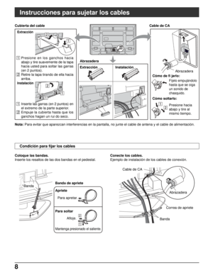 Page 728
Y
PBPRY
PBPRCOMPONENT VIDEO
 INPUT INPUT 1  INPUT 2 OUTPUTS VIDEO12LRVIDEO
AUDIO INAV  I N
R           L
AUDIO IN
Instrucciones para sujetar los cables
Cubierta del cable
1 Presione en los ganchos hacia
abajo y tire suavemente de la tapa
hacia usted para soltar las garras
(en 2 puntos).
2 Retire la tapa tirando de ella hacia
arriba.
Extracción
Instalación
1 Inserte las garras (en 2 puntos) en
el extremo de la parte superior.
2 Empuje la cubierta hasta que los
ganchos hagan un rui do seco.Abrazadera...