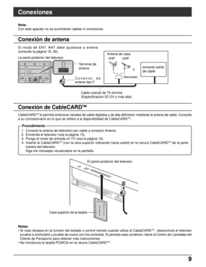 Page 739 9
ANTENNA
Cable In
DIGITAL
AUDIO OUTG-LINK
CableCARDT
M
AN
TENNA
Cable In
P
OD MODULEINSERT TH
ISEND
El modo de ENT. ANT debe ajustarse a antena
(consulte la página 19, 30).Nota:
Con este aparato no se suministran cables ni conectores.
Mezclador
UHF VHF La parte posterior del televisor
Cable coaxial de 75 ohmios
(Especificación 5C-2V o más alta) Terminal de
antena
Conector de
antena tipo Foentrante señal
de cable Antena de casa
CableCARD
TMle permite sintonizar canales de cable digitales y de alta...