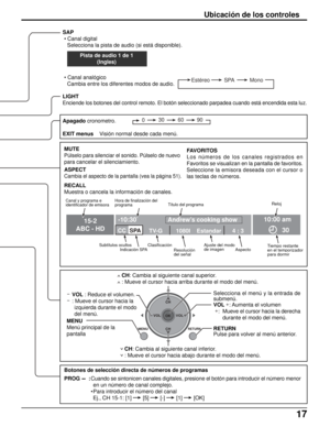 Page 8117
SAP
 • Canal digital
Selecciona la pista de audio (si está disponible).
 • Canal analógico
Cambia entre los diferentes modos de audio.
LIGHT
Enciende los botones del control remoto. El botón seleccionado parpadea cuando está encendida esta luz.
RECALL
Muestra o cancela la información de canales.
ASPECT
Cambia el aspecto de la pantalla (vea la página 51).
MUTE
Púlselo para silenciar el sonido. Púlselo de nuevo
para cancelar el silenciamiento.FAVORITOS
Los números de los canales registrados en
Favoritos...