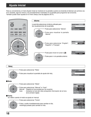 Page 8218
TVVCRDVD
DTVRCVRDBS/CBL
LIGHT
TV/VIDEOSLEEPEXIT
SAP
123
456
789
AUX
ASPECT
MUTERECALL
FAVORITE
POWER
TVGUIDEPA G EINFO
MENURETURN
CH
VOL
CHVOL
+-OK
Ajuste inicial
Para su conveniencia, el menú Ajuste inicial se mostrará en la pantalla cuando se encienda el televisor por primera vez.
Si lo necesita, siga los menús y los procedimientos mostrados en la pantalla para programar las funciones.
También puede hacer ajustes en el menú Setup (vea las páginas 29-31).
Le permite seleccionar el idioma utilizado...