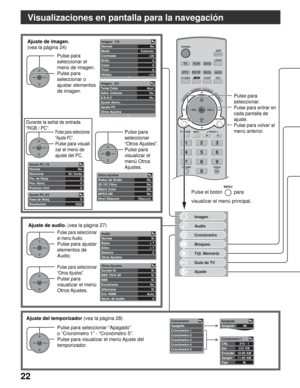 Page 8622
TV
R-TUNE
PLAY FF REWPROG
VCRDVD
DTVRCVRDBS/CBL
LIGHT
TV/VIDEOSLEEPEXIT
SAP
123
456
78
0
9
AUX
ASPECT
MUTERECALL
FAVORITE
STOPPAUSE
TV/VCROPEN/CLOSEDVD/VCR CH
REC
POWER
TV
VOL VOL+-OK
MENURETURN
TVGUIDEPAGEINFO
SPLITSWAP
CH
CH
Imagen
Audio
Cronómetro
Bloqueo
Trjt. Memoria
Guía de TV
Ajuste
No
Estándar
+30
0
0
0
+10 Imagen   1/2
Normal
Modo
Contraste
Brillo
Color
Tinte
Nitidez
Sí
Sí
Sí
No
Sí
Auto
0 Otros Ajustes
Sonido IA
BBE VIVA 3D
BBE
Envolvente
Altavoces
Ent. HDMI
Norm. de Audio
OK VOL VOL+-
CH
CH...