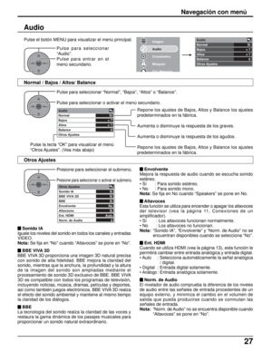 Page 9127
OKCH
VOL
CHVOL+-
Sí
+ 7
+ 7
0 Audio
Normal
Bajos
Altos
Balance
Otros Ajustes
Sí
Sí
Sí
No
Sí
Auto
0 Otros Ajustes
Sonido IA
BBE VIVA 3D
BBE
Envolvente
Altavoces
Ent. HDMI
Norm. de Audio
Imagen
Audio
Cronómetro
Bloqueo
Trjt Memoria
OKCH
VOL
CHVOL+-
OKCH
VOL
CHVOL+-
Sí
+ 7
+ 7
0
0 Audio
Normal
Bajos
Altos
Balance
Otros Ajustes
Navegación con menú
Audio
Pulse para seleccionar “Normal”, “Bajos”, “Altos” o “Balance”.
Pulse para seleccionar o activar el menú secundario.
Presione para seleccionar el submenú....