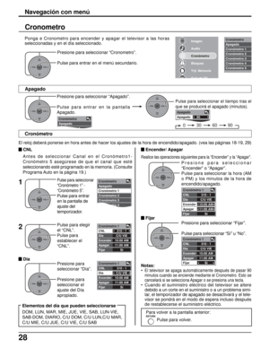 Page 9228
Cronómetro 1
CNL
Día
Encender
Apagar
Fijar310 - 1
C/U VIE
10:00 AM
11:00 AM
Sí
OKCH
VOL
CHVOL+-
OKCH
VOL
CHVOL+-Cronómetro 1
CNL
Día
Encender
Apagar
Fijar310 - 1
C/U VIE
10:00 AM
11:00 AM
Sí
Pulse para seleccionar
“Cronómetro 1” -
“Cronómetro 5”.
Pulse para entrar
en la pantalla de
ajuste del
temporizador.
OKCH
VOL
CHVOL+-
Imagen
Audio
Cronómetro
Bloqueo
Trjt. Memoria
Guía de TVCronómetro
Apagado
Cronómetro 1
Cronómetro 2
Cronómetro 3
Cronómetro 4
Cronómetro 5
Cronómetro 1
CNL
Día
Encender
Apagar...