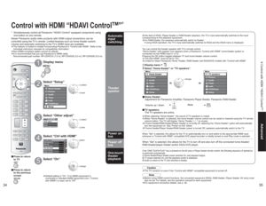 Page 183435
Advanced Control with HDMI “HDAVI ControlTM”
-
Setup
Other adjust
About
ResetOther adjust
Auto power on
Side bar
Off
Off
Prog-out stop
Off
On
SetSet Ctrl with HDMI
Power off link
Power on link
Menu
Home theaterPicture
AudioLockSetupMemory cardTimerTVG/Photo
Menu
Home theaterPicture
AudioLockSetupTimerTVG/Photo
Menu
TV speakersPicture
AudioLockSetupMemory cardTimerTVG/Photo
 select next
Control with HDMI “HDAVI Control
TM
”
*  Simultaneously control all Panasonic “HDAVI Control” equipped components...