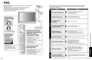 Page 214041
FAQs, etc.
 Frequently Asked Questions
The remote control
does not work
• Are the batteries installed correctly? (p. 6)
• Has the battery run down? 
• Has the TV POWER button been turned On?
• To operate external equipment of other
manufacturers, register the
remote control codes. (p. 29)
Pictures from external 
equipment are distorted 
when the unit is 
connected via HDMI
• Is the HDMI cable connected properly?
(p. 20-21, 30-31)
• Turn Off the TV unit and equipment,
then turn them On again.
• Check...