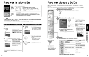 Page 301415
Visión
 Para ver vídeos y DVDs Para ver la televisión
Videograbadora DVD
Grabación de 
videograbadoraGrabación
-Abertura/Cierre
-Salto hacia adelante/atrás
Retroceso/Avance rápido Retroceso/Avance
Parada Parada
Pausa Pausa
Reproducción Reproducción
-
Ajustes 1/3
[1] 
[2] 
[3] 
[4] 
[5]
Ajustes 1/3
[1]   26-1 
[2] 
[3] 
[4] 
[5]
Favoritos 1/3
[1] 
[2] 
[3] 
[4] 
[5]
Video 1
VCR
Seleccionar entrada
[1] TV
[2] Componente 1 
[3] Componente 2
[4] HDMI 1 
[5] HDMI 2
[6] Video 1
[7] Video 2
Pulse para...