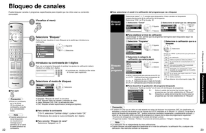 Page 342223
Funciones avanzadas
 Bloqueo de canales 
-
Bloqueo
Modo
Canal
CNL
Bloquear canal
CNL 1
CNL 23 - 0
Bloqueo
Modo
Canal
Programa 
Cambiar cόdigoCNL
Sí
Bloquear prog.
MPAA
U.S.TV
C.E.L.R.
C.F.L.R.
Salida a monitor
No 
Bloquear prog.
MPAA
U.S.TV
C.E.L.R.
C.F.L.R.
Salida a monitor
Menú
Imagen
Audio
Bloqueo
Cronόmetro
Ajuste
Ingresar contraseña
----
Bloqueo 
 
Modo 
 
Canal 
 
Programa  
 
Cambiar cόdigo 
Apagado
Seleccione hasta 7 (1-7) canales para bloquearlos. Estos canales se bloquearán...