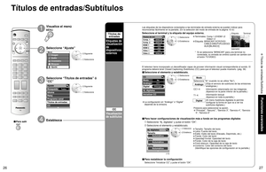 Page 362627
Funciones avanzadas
 Títulos de entradas/Subtítulos
-
Aj. digitales
Tamaño
Letra
EstiloAutomático
Automático
Automático
AUX
VCR
BRINCAR
HDMI 1
HDMI 2
Video 1
Video 2 Títulos de ent.
Comp. 1
Comp. 2
BRINCAR
BRINCAR
DVD
CC 
Modo 
Análogo 
Digital 
Aj. digitales 
Inicializar CC 
No
CC1 
Principal
Menú
Imagen
Audio
Bloqueo
Ajuste Cronόmetro
Ajuste 
 
Búsqueda 
Todos 
Idioma
Reloj
Programa canal
Títulos de entradas
CC
Video 1
VCR
■ Para hacer configuraciones de visualización más a fondo en los programas...