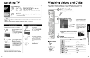 Page 81415
Viewing
 Watching Videos and DVDs Watching TV
VCR DVD
VCR Record Record
-Open/Close
-Skip Reverse/Forward
Rewind/Fast Forward Reverse/Forward
Stop Stop
Pause Pause
Play Play
Setting 1/3
[1] 
[2] 
[3] 
[4] 
[5]
Setting 1/3
[1]   26-1 
[2] 
[3] 
[4] 
[5]
Favorite 1/3
[1] 
[2] 
[3] 
[4] 
[5]
-
Input select
[1] TV
[2] Component 1
[3] Component 2
[4] HDMI 1
[5] HDMI 2
[6] Video 1
[7] Video 2
Video 1
VCR
Press corresponding NUMBER 
key on the Remote Control to 
select the input of your choice.
Press to...