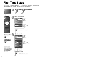 Page 18
18
19
Quick Start Guide

 First Time  Setup

First time setup
Language
Auto program
Picture Clock
Language
EnglishLanguage
Program channel
CableANT in
Auto
Auto program
progress Scanning digital channel
quit 40%
Caption Favorite Add
ApplyCancelprogram
...
.
Ye s
...
.
Ye s
...
.
Ye s
First time setup
Auto program
Picture
Language
Clock
Clock
2007Ye a r
Month
7
1
Day
Hour
10
10 AM
Minute
First time setup
Picture
Language
Clock
Auto program
Program channel
CableANT in
Auto
Auto program
All channels
Analog...