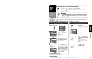 Page 21
20
21
Viewing

 Watching TV

--

15-2 12:30 pm30THE NEWS 
CC SAP
TV-G 1 0 8 0 i Standard 4:3ABC-HD

Setup SUB MENU
AllSurf mode
Set favorite
OffCC
Caption select
Signal meter
Favorite channels1/3
1
2
3
4
26-1      - - -
Set favorite 1/3 1
2
3
---
---
---
---
4
Setup SUB MENU
AllSurf mode
Set favorite
OffCC
Caption select
Signal meter
Setup SUB MENUAllSurf mode
Set favorite
OffCC
Caption select
Signal meter
Set favorite 1/31
2
3
4
26-1      - - -
SUBS U BMENUM EN U
SUBSU BMENUM EN U
Watching TV
Connect...