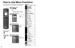 Page 26
26
27
Advanced

 How to Use Menu Functions(picture, sound quality, etc.)
• In AV mode, the Audio menu and Setup menu give a fewer options.
Menu Item Adjustments/Configurations (alternatives)EZ Sync
DVD recorder, 
Home theater, 
HD camcorder, 
Speaker output[DVD recorder/Home theater/HD camcorder]
Select equipment to access and operate. (p.30-31)
[Speaker output]
Select audio output.  (Home theater/TV) (p. 30-31)

 EZ Sync menu is accessible directly by pressing the EZ Sync button on th\
e remote...