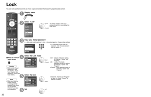 Page 32
32
33
Advanced

 Lock

Menu
Audio
Lock
Setup Memory card Timer Picture
EZ Sync
Create password
Enter password
0
9
-
----
Lock
Mode
Channel
Game
Program
Off
Off
Off
Off
Change password
Channel lock
Mode
Channel 1
Channel 2
Channel 3
Custom
3
4
-
Program lock
Monitor out
U.S.TV
On
Off
Off
C.E.L.R.
C.F.L.R.
Off
Off
ModeOn
MPAA
Program lock
Monitor out
U.S.TV
Off
Off
Off
C.E.L.R.
C.F.L.R.
Off
Off
ModeOn
MPAA
Lock
Mode
Channel
Game
Program
Custom
Off
Off
Off
Change password
Change password
Enter new...